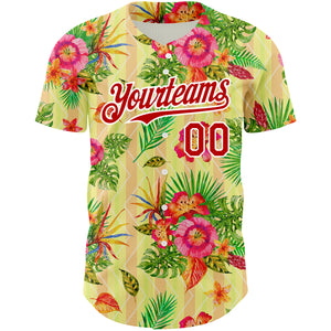 Custom Neon Yellow Red-White 3D Pattern Design Tropical Flower And Hawaii Palm Leaves Authentic Baseball Jersey