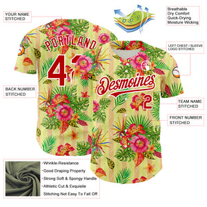 Custom Neon Yellow Red-White 3D Pattern Design Tropical Flower And Hawaii Palm Leaves Authentic Baseball Jersey