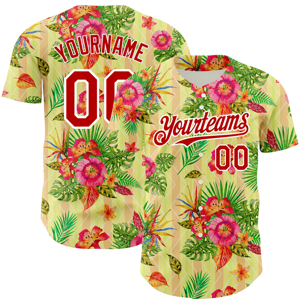 Custom Neon Yellow Red-White 3D Pattern Design Tropical Flower And Hawaii Palm Leaves Authentic Baseball Jersey