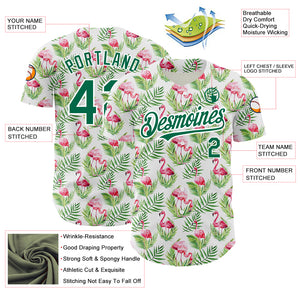 Custom White Kelly Green 3D Pattern Design Tropical Hawaii Palm Leaves And Flamingo Authentic Baseball Jersey