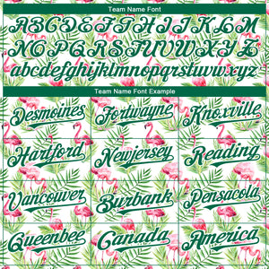 Custom White Kelly Green 3D Pattern Design Tropical Hawaii Palm Leaves And Flamingo Authentic Baseball Jersey