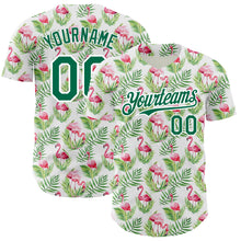 Charger l&#39;image dans la galerie, Custom White Kelly Green 3D Pattern Design Tropical Hawaii Palm Leaves And Flamingo Authentic Baseball Jersey
