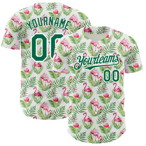 Custom White Kelly Green 3D Pattern Design Tropical Hawaii Palm Leaves And Flamingo Authentic Baseball Jersey