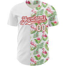 Charger l&#39;image dans la galerie, Custom White Red 3D Pattern Design Tropical Hawaii Palm Leaves And Flamingo Authentic Baseball Jersey
