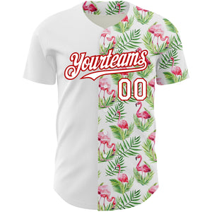 Custom White Red 3D Pattern Design Tropical Hawaii Palm Leaves And Flamingo Authentic Baseball Jersey