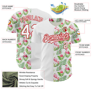 Custom White Red 3D Pattern Design Tropical Hawaii Palm Leaves And Flamingo Authentic Baseball Jersey