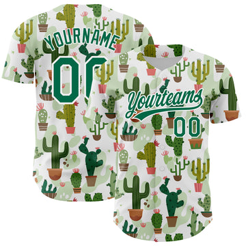 Custom White Kelly Green 3D Pattern Design Cactus Festival Authentic Baseball Jersey