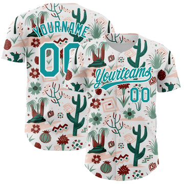 Custom White Teal 3D Pattern Design Cactus Festival Authentic Baseball Jersey