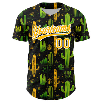 Custom Black Gold-White 3D Pattern Design Cactus Festival Authentic Baseball Jersey