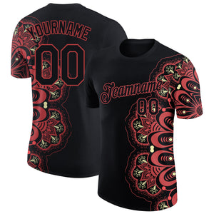 Custom Black Neon Pink 3D Pattern Floral Design Performance T-Shirt