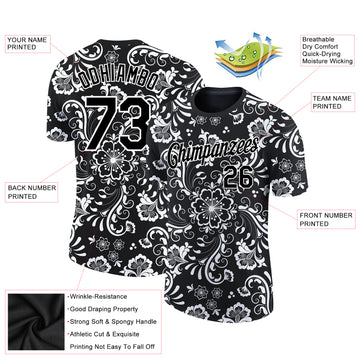 Custom Black White 3D Pattern Floral Design Performance T-Shirt