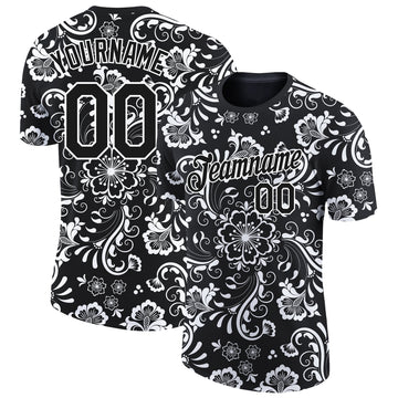 Custom Black White 3D Pattern Floral Design Performance T-Shirt