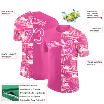 Custom Pink White 3D Pattern Design Tropical Palm Leaves And Famingo Performance T-Shirt