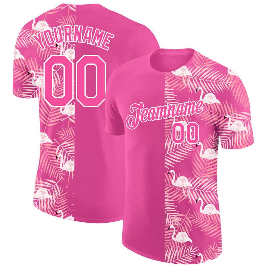 Custom Pink White 3D Pattern Design Tropical Palm Leaves And Famingo Performance T-Shirt