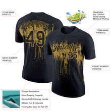 Laden Sie das Bild in den Galerie-Viewer, Custom Black Old Gold 3D Pattern Design Dripping Splatter Art Performance T-Shirt
