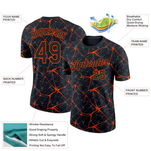 Custom Black Orange 3D Pattern Design Abstract Network Performance T-Shirt