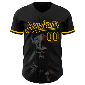 Custom Black Gold 3D Skull Fashion Authentic Baseball Jersey