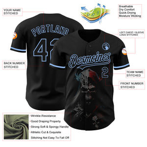 Custom Black Light Blue 3D Skull Fashion Authentic Baseball Jersey