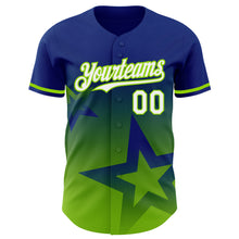 Laden Sie das Bild in den Galerie-Viewer, Custom Royal White-Neon Green 3D Pattern Design Gradient Style Twinkle Star Authentic Baseball Jersey
