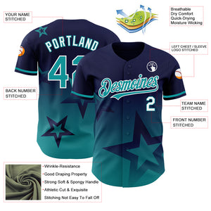 Custom Navy Teal-White 3D Pattern Design Gradient Style Twinkle Star Authentic Baseball Jersey