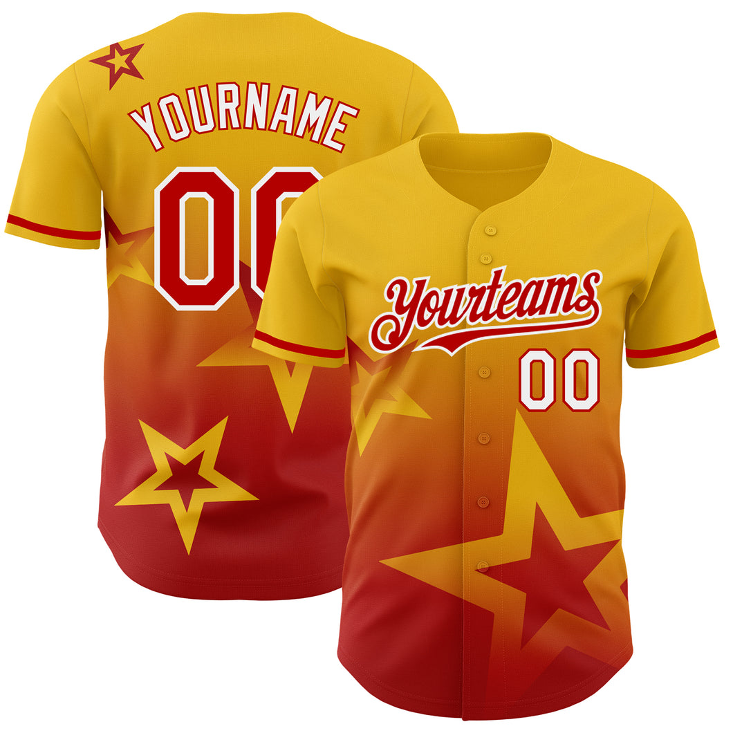 Custom Yellow Red-White 3D Pattern Design Gradient Style Twinkle Star Authentic Baseball Jersey