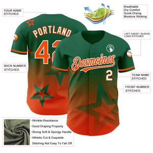 Custom Kelly Green Orange-White 3D Pattern Design Gradient Style Twinkle Star Authentic Baseball Jersey