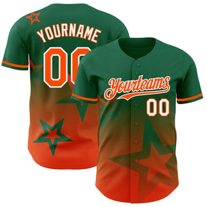 Custom Kelly Green Orange-White 3D Pattern Design Gradient Style Twinkle Star Authentic Baseball Jersey