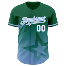 Laden Sie das Bild in den Galerie-Viewer, Custom Kelly Green Light Blue-White 3D Pattern Design Gradient Style Twinkle Star Authentic Baseball Jersey
