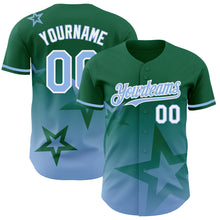 Laden Sie das Bild in den Galerie-Viewer, Custom Kelly Green Light Blue-White 3D Pattern Design Gradient Style Twinkle Star Authentic Baseball Jersey
