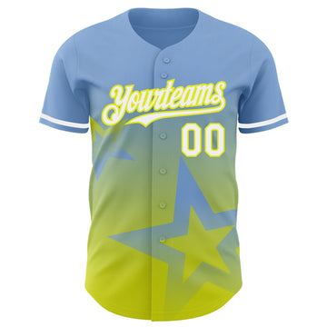 Custom Light Blue White-Neon Yellow 3D Pattern Design Gradient Style Twinkle Star Authentic Baseball Jersey