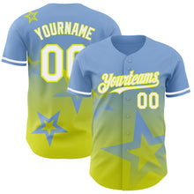 Load image into Gallery viewer, Custom Light Blue White-Neon Yellow 3D Pattern Design Gradient Style Twinkle Star Authentic Baseball Jersey
