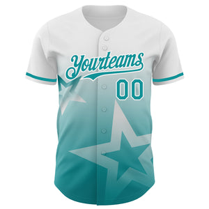 Custom White Teal 3D Pattern Design Gradient Style Twinkle Star Authentic Baseball Jersey
