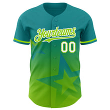 Laden Sie das Bild in den Galerie-Viewer, Custom Teal Neon Green-White 3D Pattern Design Gradient Style Twinkle Star Authentic Baseball Jersey
