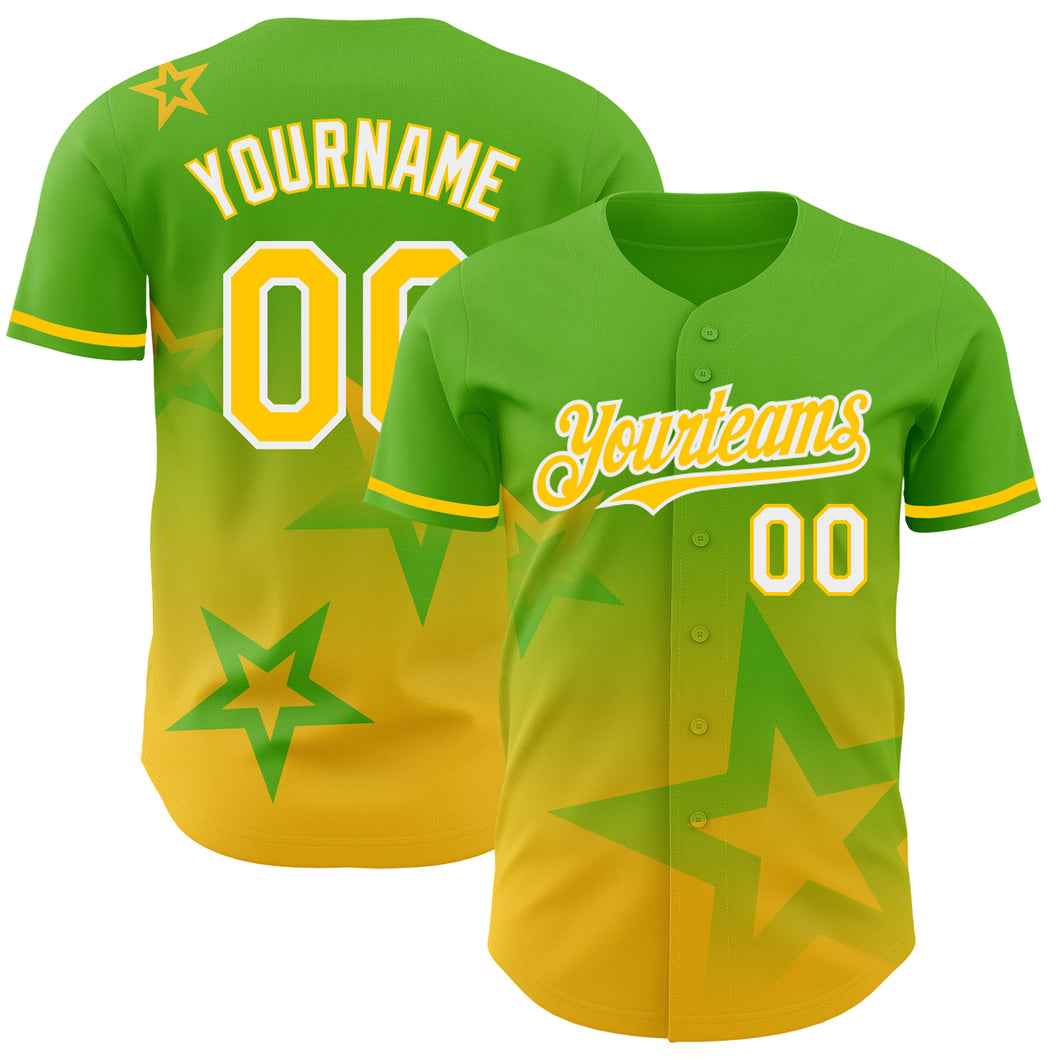 Custom Aurora Green Yellow-White 3D Pattern Design Gradient Style Twinkle Star Authentic Baseball Jersey