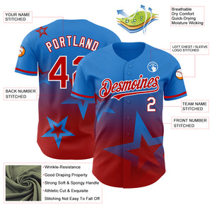 Custom Electric Blue Red-White 3D Pattern Design Gradient Style Twinkle Star Authentic Baseball Jersey