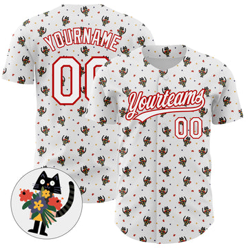 Custom White Red 3D Pattern Design Animal Cat Authentic Baseball Jersey