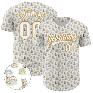 Custom White Old Gold 3D Pattern Design Animal Rabbit Sheep Chicken And Duck Authentic Baseball Jersey