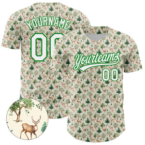 Custom Cream White-Grass Green 3D Pattern Design Animal Deer Authentic Baseball Jersey