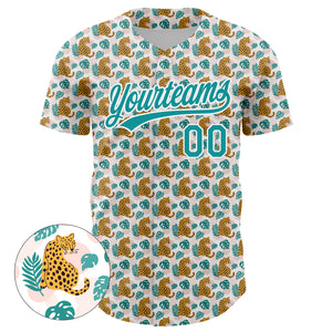 Custom White Teal 3D Pattern Design Animal Leopard Authentic Baseball Jersey