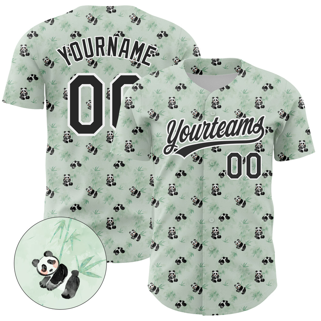 Custom Green Black-White 3D Pattern Design Animal Panda Authentic Baseball Jersey