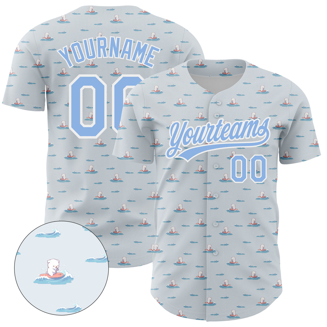 Custom Gray Light Blue-White 3D Pattern Design Animal Dog Surfing Authentic Baseball Jersey