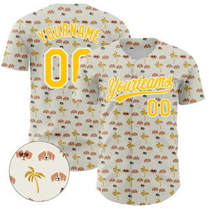 Custom White Yellow 3D Pattern Design Animal Dog And Hawaii Palm Trees Authentic Baseball Jersey