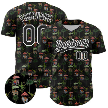 Custom Black White 3D Pattern Design Animal Elephant And Hawaii Palm Trees Authentic Baseball Jersey