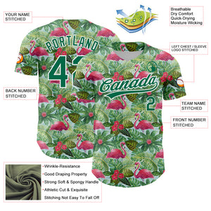 Custom White Kelly Green 3D Pattern Design Animal Flamingo And Hawaii Palm Leaves Authentic Baseball Jersey