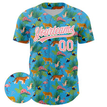 Laden Sie das Bild in den Galerie-Viewer, Custom Sky Blue Medium Pink-White 3D Pattern Design Animal Tiger Leopard Flamingo And Hawaii Palm Leaves Authentic Baseball Jersey
