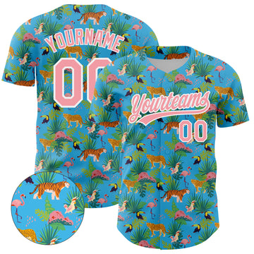 Custom Sky Blue Medium Pink-White 3D Pattern Design Animal Tiger Leopard Flamingo And Hawaii Palm Leaves Authentic Baseball Jersey