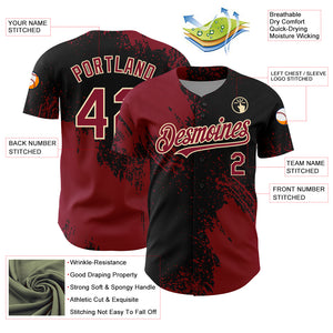 Custom Crimson Black-Cream 3D Pattern Design Abstract Brush Stroke Authentic Baseball Jersey