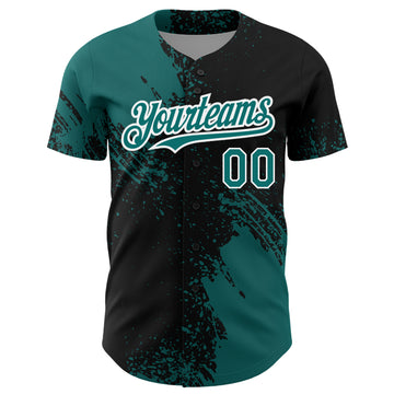 Custom Teal Black-White 3D Pattern Design Abstract Brush Stroke Authentic Baseball Jersey