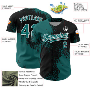 Custom Teal Black-White 3D Pattern Design Abstract Brush Stroke Authentic Baseball Jersey