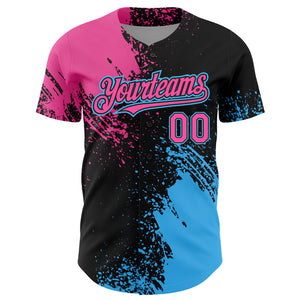 Custom Pink Black-Sky Blue 3D Pattern Design Abstract Brush Stroke Authentic Baseball Jersey